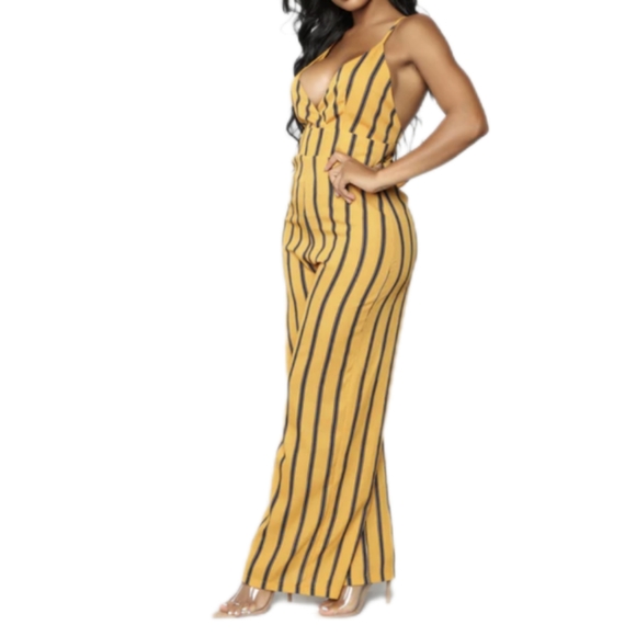 New Haute Monde Jumpsuit Gold Yellow with Brown Vertical Stripes Size Small - Picture 4 of 8